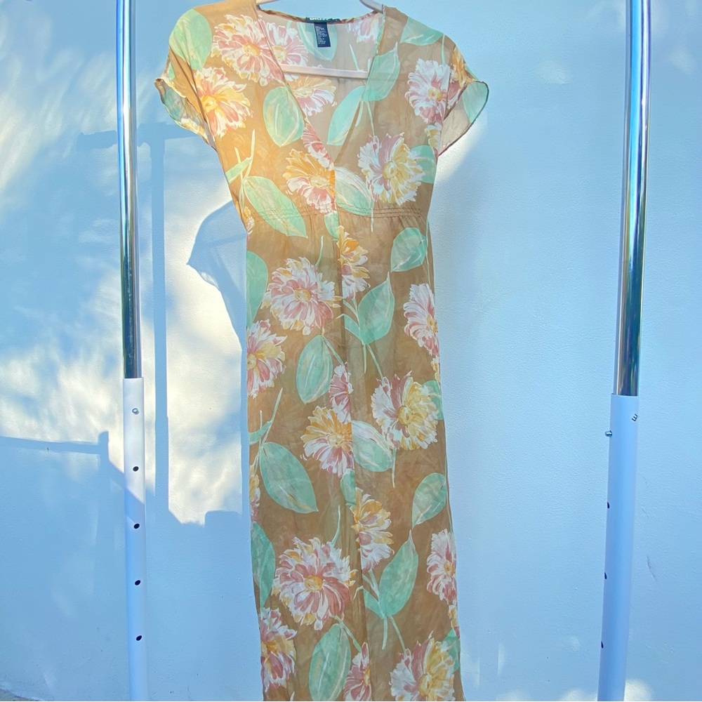 Y2K DKNY 100% Silk Sheer Tan, Green & Pink Floral Dress Size 6